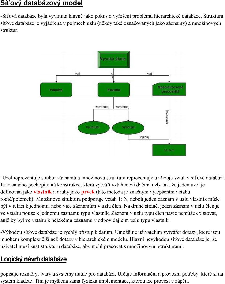 -Uzel reprezentuje soubor záznamů a množinová struktura reprezentuje a zřizuje vztah v síťové databázi.