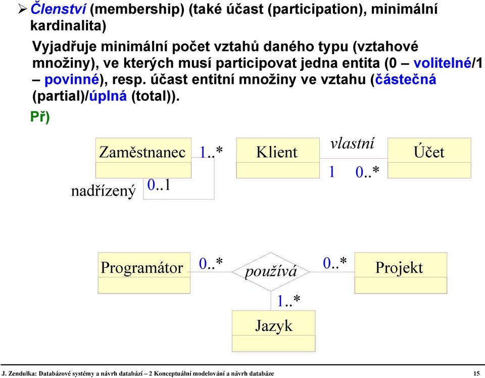 účast entitní množiny ve vztahu (částečná (partial)/úplná (total)). Př) Zaměstnanec nadřízený 0..1 1.. Klient vlastní 1 0.