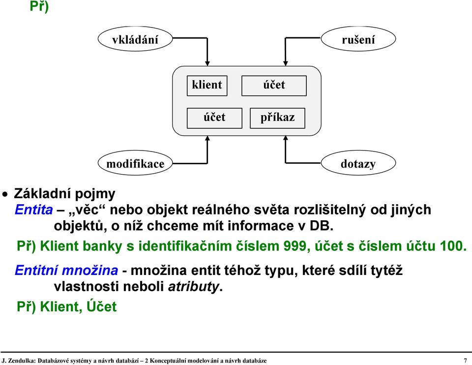 Př) Klient banky s identifikačním číslem 999, účet s číslem účtu 100.