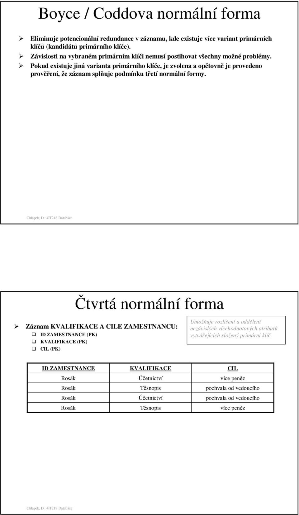 Pokud existuje jiná varianta primárního klíče, je zvolena a opětovně je provedeno prověření, že záznam splňuje podmínku třetí normální formy.