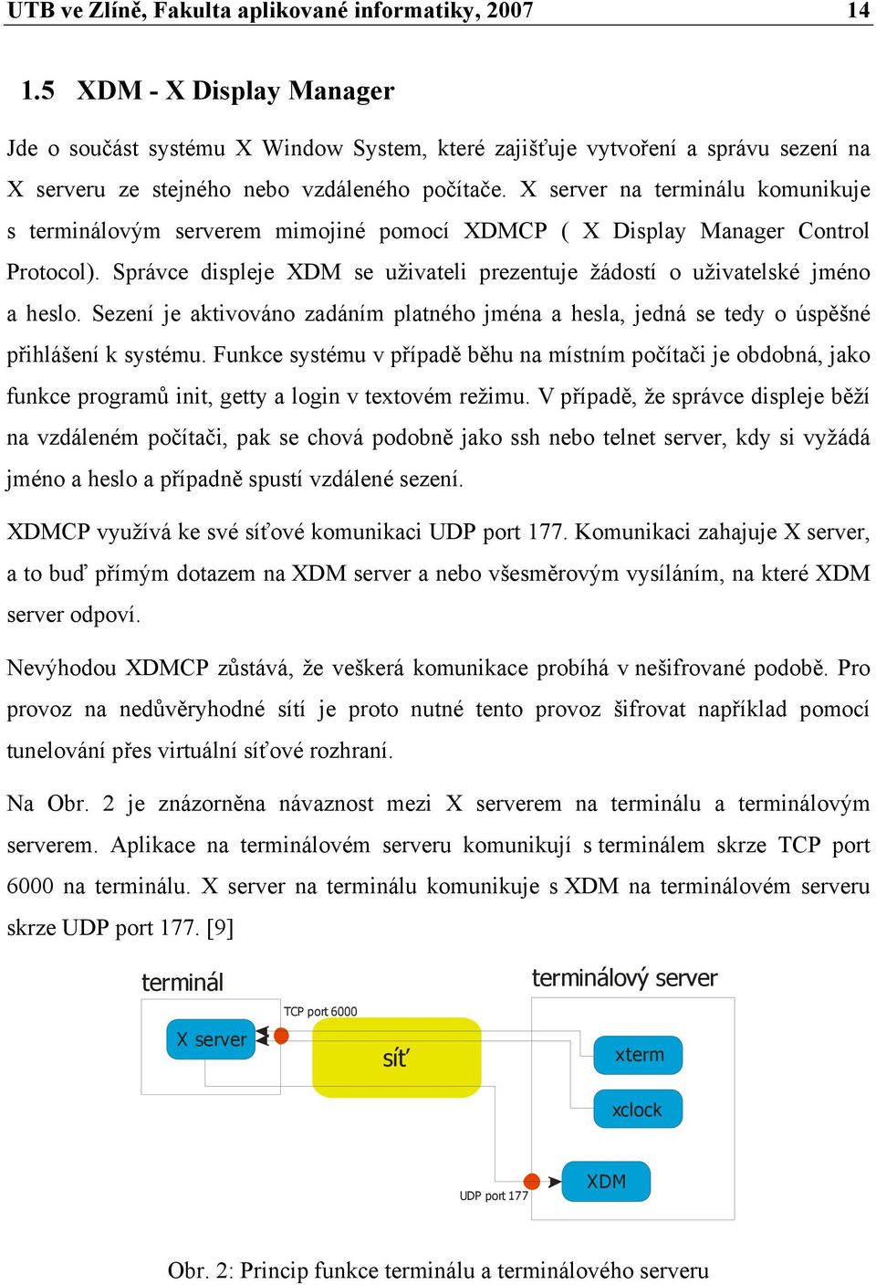 X server na terminálu komunikuje s terminálovým serverem mimojiné pomocí XDMCP ( X Display Manager Control Protocol). Správce displeje XDM se uživateli prezentuje žádostí o uživatelské jméno a heslo.