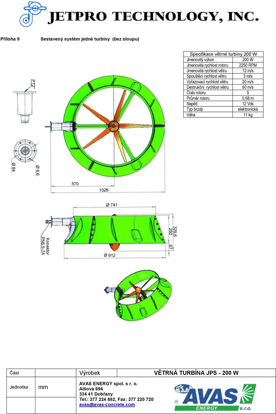 RPM Jmenovitá rychlost větru 12 m/s Spouštěcí rychlost větru 3 m/s Vyřazovací rychlost větru 20 m/s Destrukční rychlost větru 60 m/s Číslo rotoru