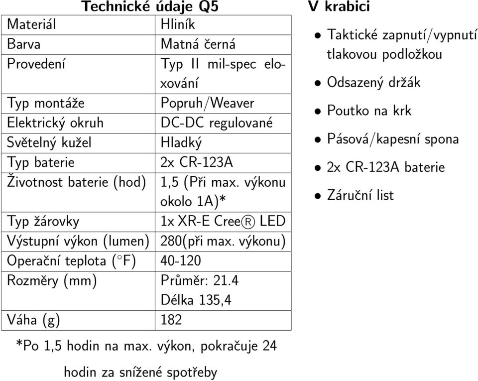 výkonu okolo 1A)* Typ žárovky 1x XR-E Cree R LED Výstupní výkon (lumen) 280(při max. výkonu) Operační teplota ( F) 40-120 Rozměry (mm) Průměr: 21.