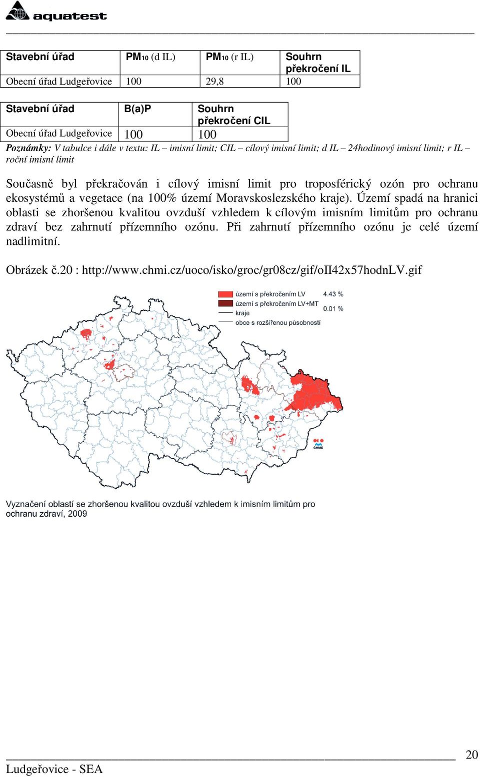 troposférický ozón pro ochranu ekosystémů a vegetace (na 100% území Moravskoslezského kraje).