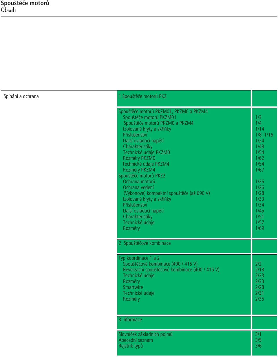 Rozměry 1/3 1/4 1/14 1/8, 1/16 1/24 1/48 1/54 1/62 1/54 1/67 1/26 1/26 1/28 1/33 1/34 1/45 1/51 1/57 1/69 2 Spouštěčové kombinace koordinace 1 a 2 Spouštěčové kombinace (400 / 415 V) Reverzační