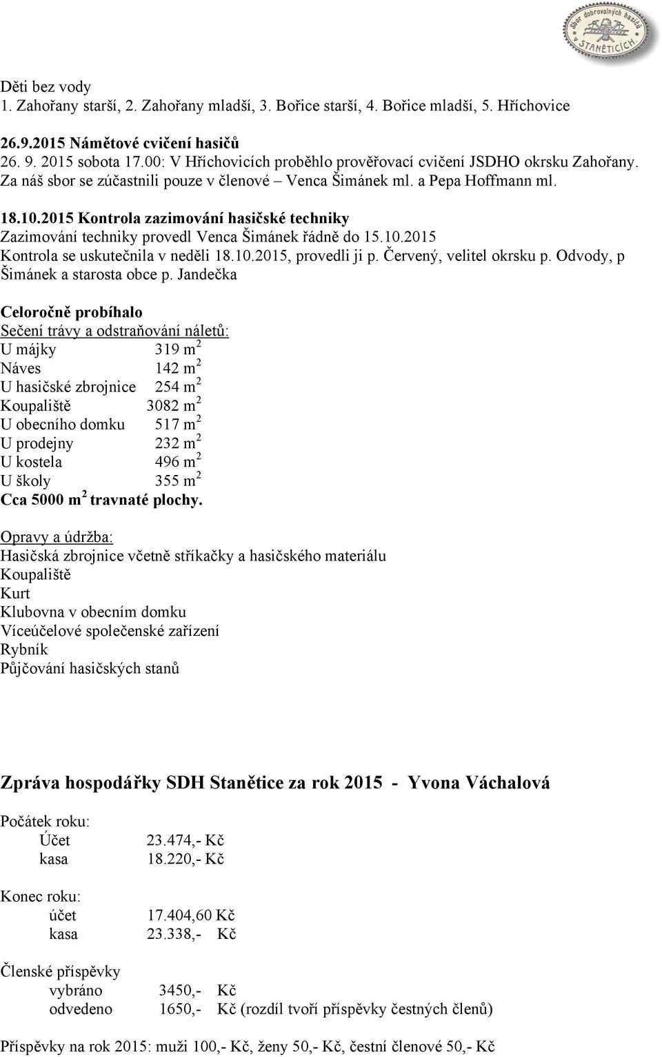 2015 Kontrola zazimování hasičské techniky Zazimování techniky provedl Venca Šimánek řádně do 15.10.2015 Kontrola se uskutečnila v neděli 18.10.2015, provedli ji p. Červený, velitel okrsku p.