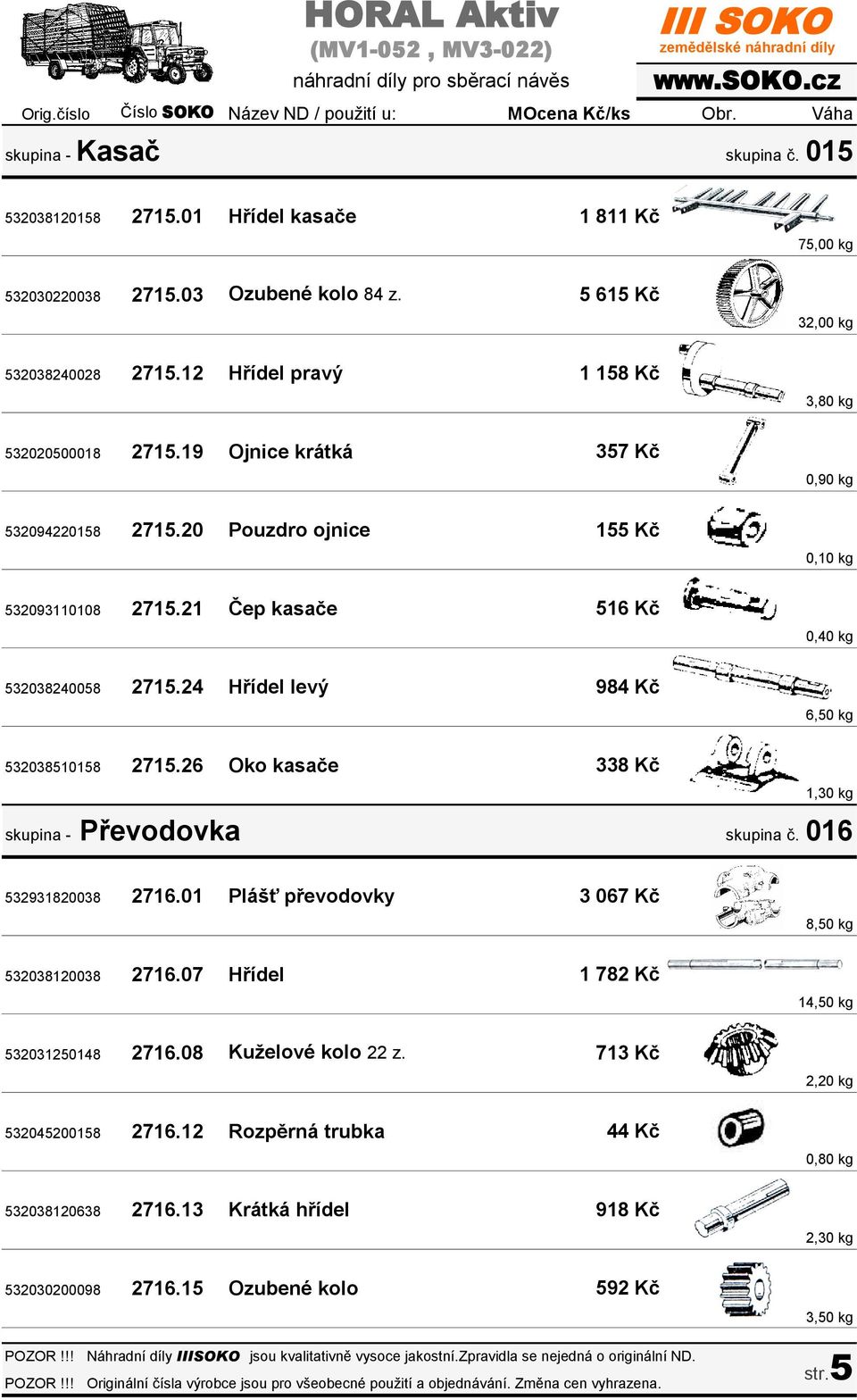 24 Hřídel levý 984 Kč 6,50 kg 532038510158 2715.26 Oko kasače skupina - Převodovka 338 Kč 1,30 kg skupina č. 016 532931820038 2716.01 Plášť převodovky 3 067 Kč 8,50 kg 532038120038 2716.