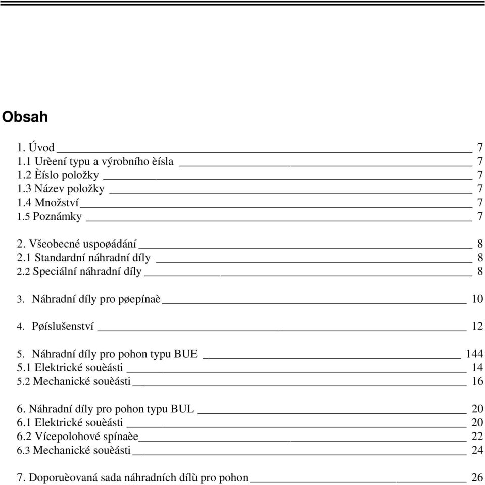 Pøíslušenství 12 5. Náhradní díly pro pohon typu BUE 144 5.1 Elektrické souèásti 14 5.2 Mechanické souèásti 16 6.