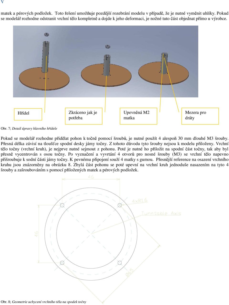 7; Detail úpravy hlavního hřídele Pokud se modelář rozhodne přidělat pohon k točně pomocí šroubů, je nutné použít 4 alespoň 30 mm dlouhé M3 šrouby.