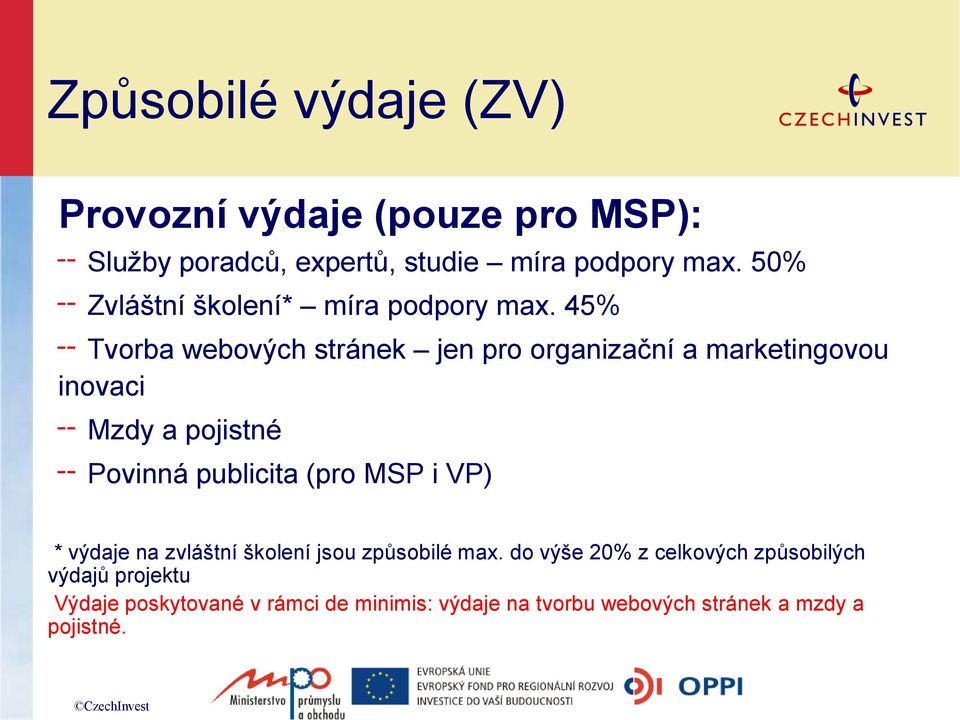 45% Tvorba webových stránek jen pro organizační a marketingovou inovaci Mzdy a pojistné Povinná publicita (pro MSP