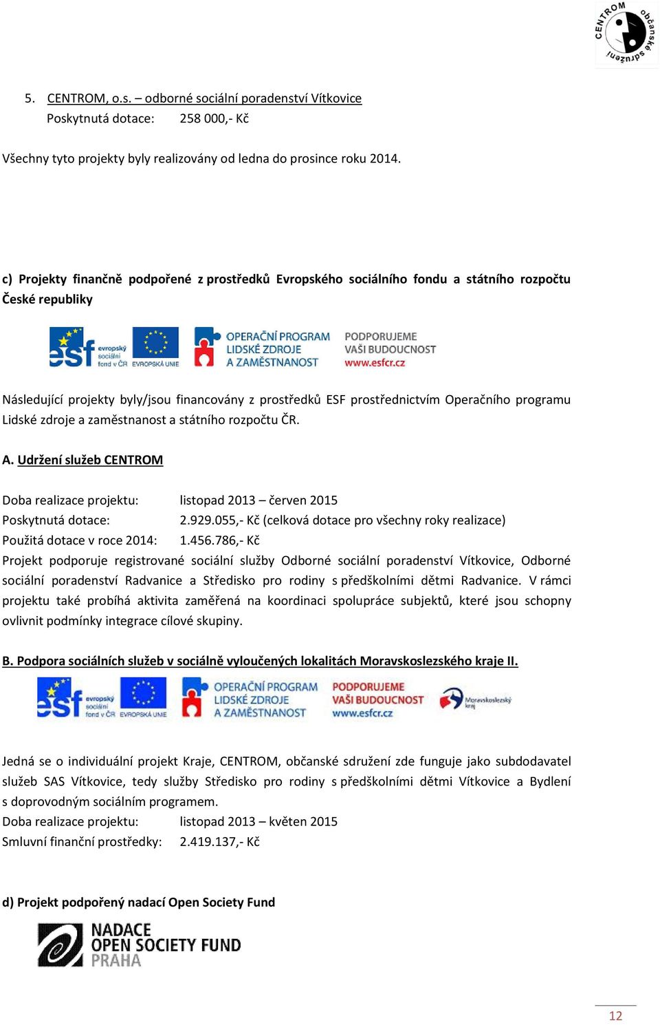 programu Lidské zdroje a zaměstnanost a státního rozpočtu ČR. A. Udržení služeb CENTROM Doba realizace projektu: listopad 2013 červen 2015 Poskytnutá dotace: 2.929.