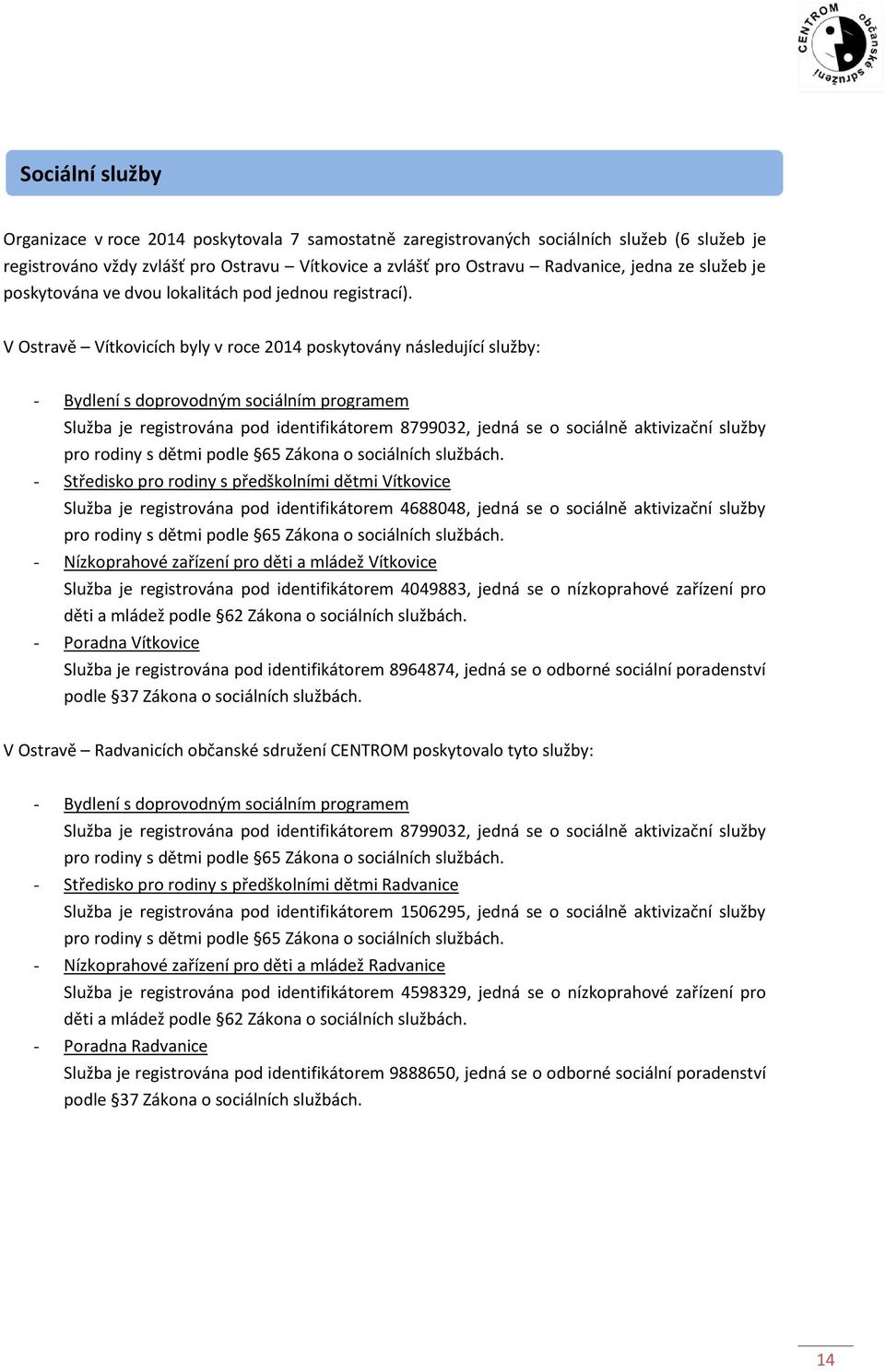 V Ostravě Vítkovicích byly v roce 2014 poskytovány následující služby: - Bydlení s doprovodným sociálním programem Služba je registrována pod identifikátorem 8799032, jedná se o sociálně aktivizační