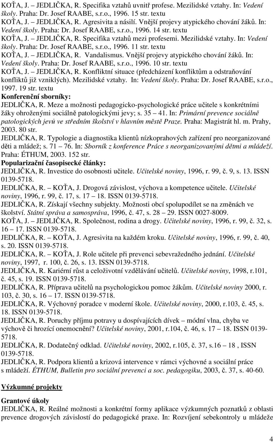 In: Vedení školy. Praha: Dr. Josef RAABE, s.r.o., 1996. 11 str. textu KOŤA, J. JEDLIČKA, R. Vandalismus. Vnější projevy atypického chování žáků. In: Vedení školy. Praha: Dr. Josef RAABE, s.r.o., 1996. 10 str.