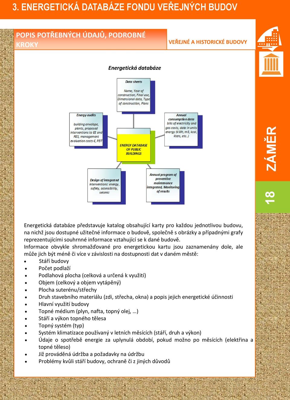 Informace obvykle shromažďované pro energetickou kartu jsou zaznamenány dole, ale může jich být méně či více v závislosti na dostupnosti dat v daném městě: Stáří budovy Počet podlaží Podlahová plocha