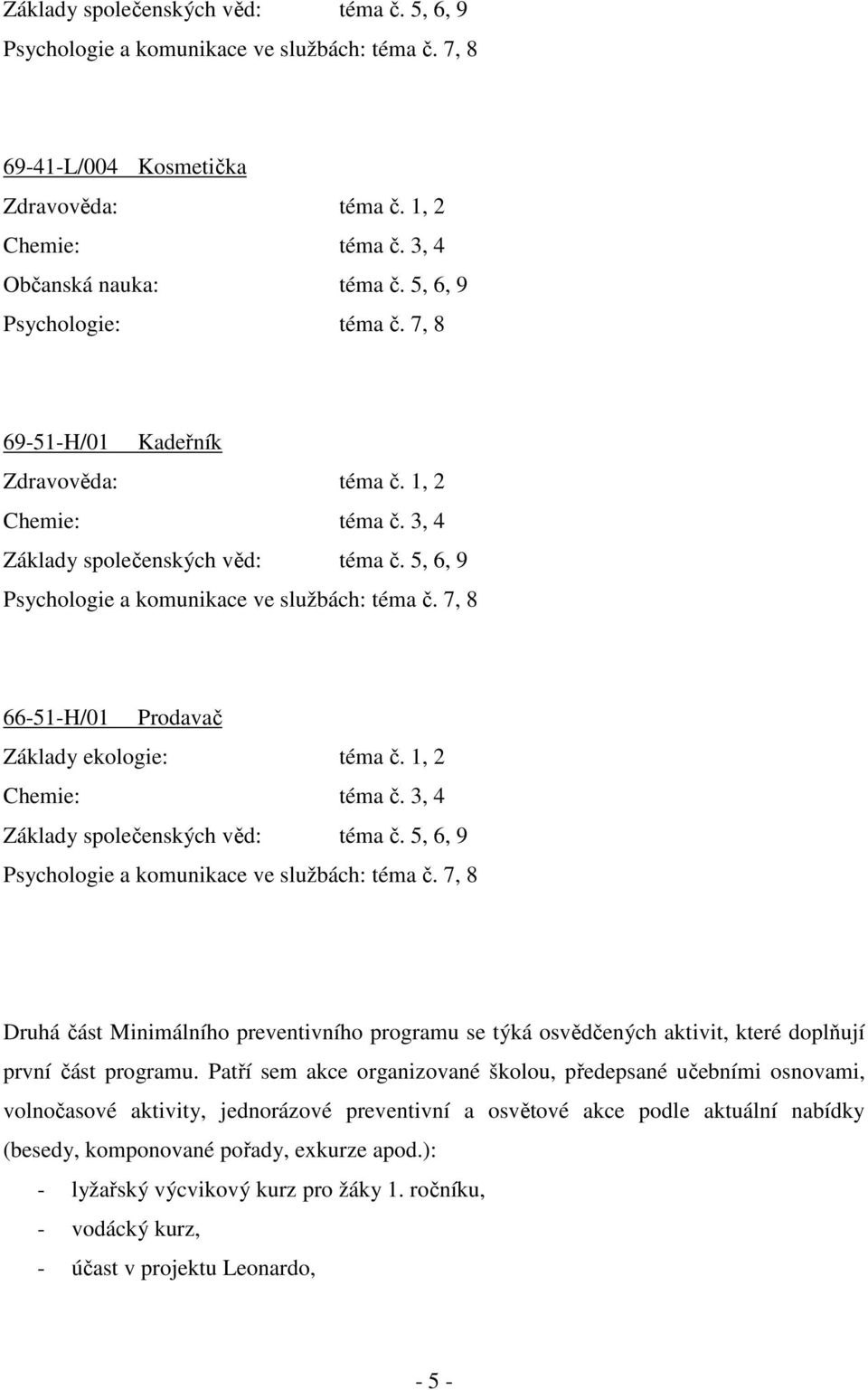 7, 8 66-51-H/01 Prodavač Základy ekologie: téma č. 1, 2 Chemie: téma č. 3, 4 Základy společenských věd: téma č. 5, 6, 9 Psychologie a komunikace ve službách: téma č.