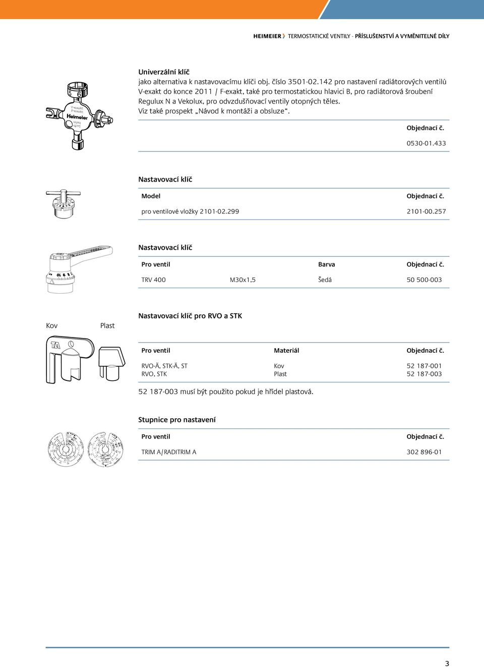 otopných těles. Viz také prospekt Návod k montáži a obsluze. 0530-01.433 Nastavovací klíč model pro ventilové vložky 2101-02.299 2101-00.