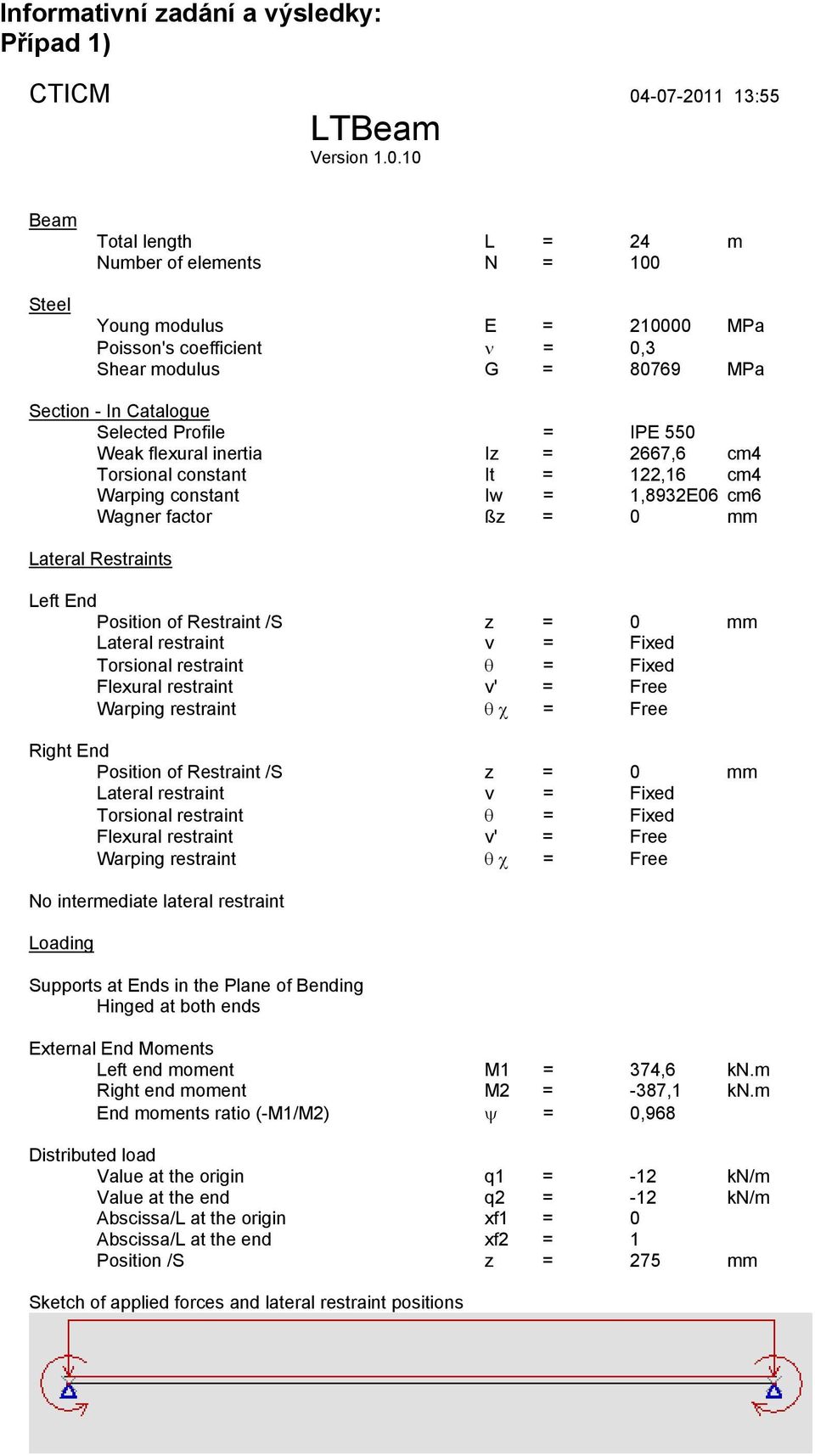 Catalogue Selected Profile = IPE 550 Weak flexural inertia Iz = 2667,6 cm4 Torsional constant It = 122,16 cm4 Warping constant Iw = 1,8932E06 cm6 Wagner factor ßz = 0 mm Lateral Restraints Left End