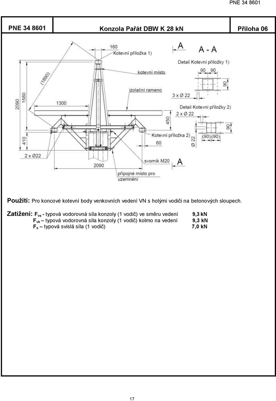 Zatížení: F vs - typová vodorovná síla konzoly (1 vodič) ve směru vedení F vk