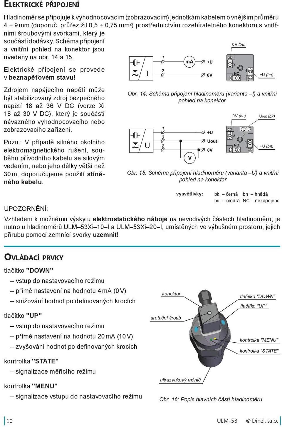 Schéma připojení 0V (bu) a vnitřní pohled na konektor jsou uvedeny na obr. 14 a 15. Elektrické připojení se provede +U (bn) v beznapěťovém stavu!