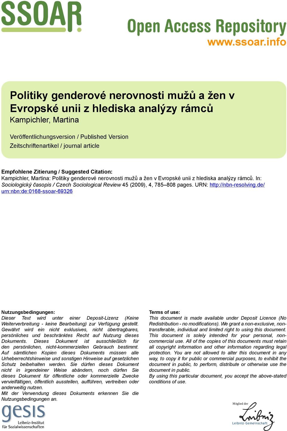 Empfohlene Zitierung / Suggested Citation: Kampichler, Martina: Politiky genderové nerovnosti mužů a žen v Evropské unii z hlediska analýzy rámců.