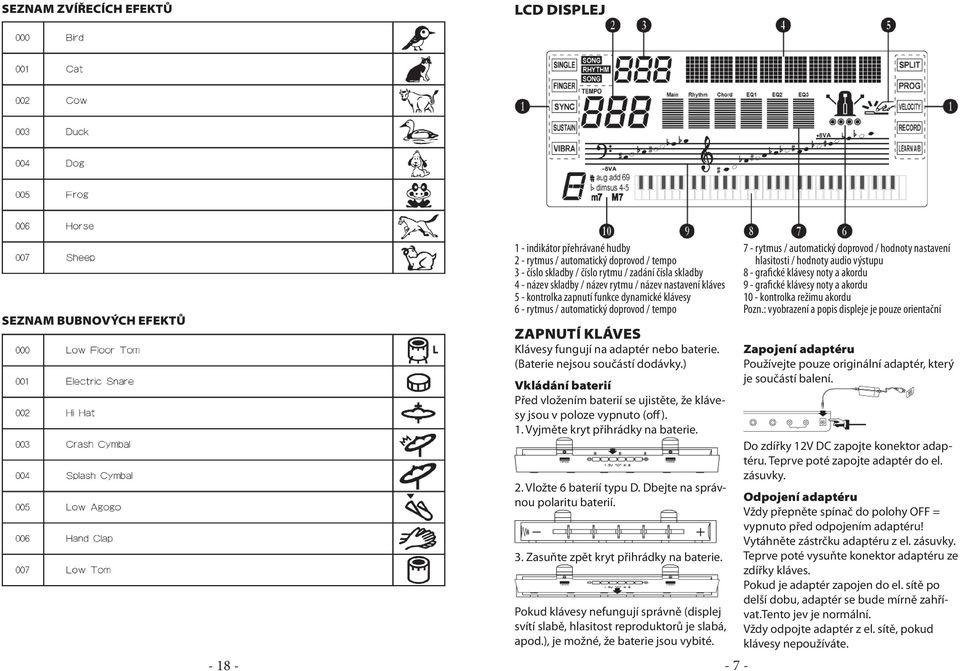 (Baterie nejsou součástí dodávky.) Vkládání baterií Před vložením baterií se ujistěte, že klávesy jsou v poloze vypnuto (off). 1. Vyjměte kryt přihrádky na baterie. 2. Vložte 6 baterií typu D.