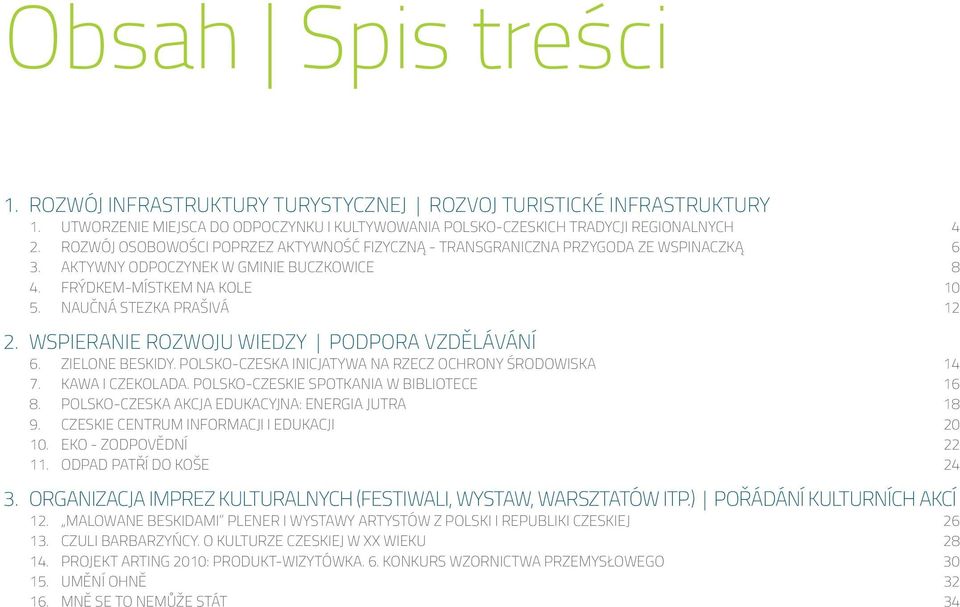 WSPIERANIE ROZWOJU WIEDZY PODPORA VZDĚLÁVÁNÍ 6. ZIELONE BESKIDY. POLSKO-CZESKA INICJATYWA NA RZECZ OCHRONY ŚRODOWISKA 14 7. KAWA I CZEKOLADA. POLSKO-CZESKIE SPOTKANIA W BIBLIOTECE 16 8.