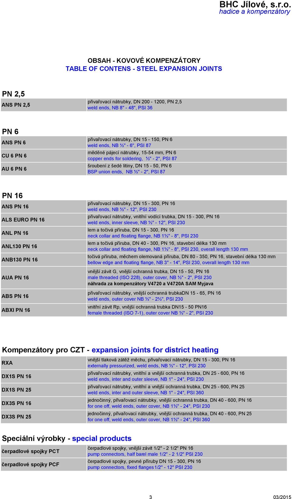 ½" - 2", PSI 7 PN ANS PN přivařovací nátrubky, DN 15 -, PN weld ends, NB ½" - 12", PSI 230 ALS EURO PN přivařovací nátrubky, vnitřní vodící trubka, DN 15 -, PN weld ends, inner sleeve, NB ½" - 12",