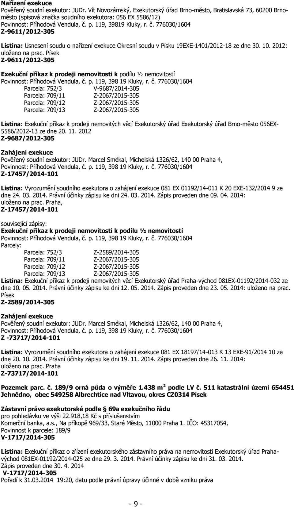 p. 119, 39819 Kluky, r. č. 776030/1604 Listina: Usnesení soudu o nařízení exekuce Okresní soudu v Písku 19EXE-1401/2012-18 ze dne 30. 10. 2012: uloženo na prac.