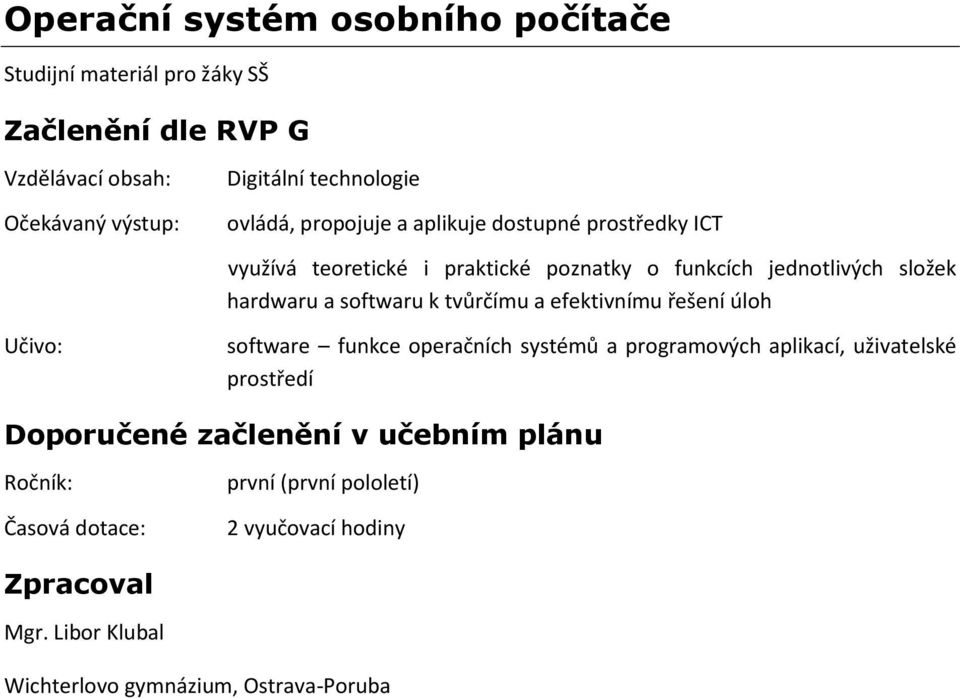 k tvůrčímu a efektivnímu řešení úloh Učivo: software funkce operačních systémů a programových aplikací, uživatelské prostředí Doporučené