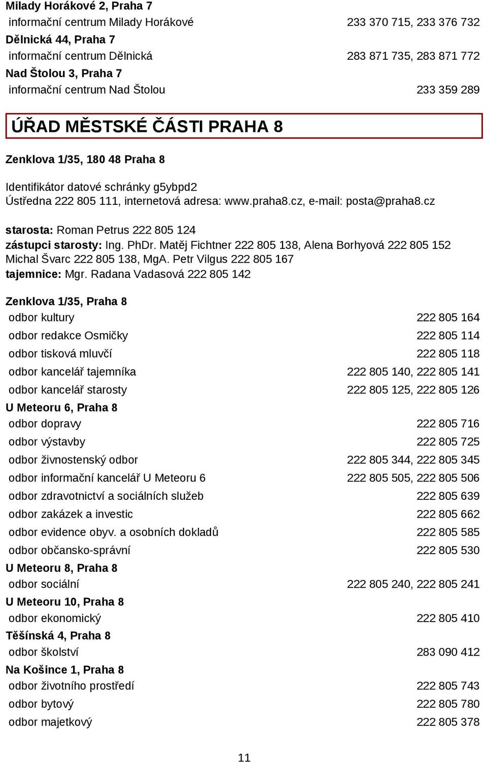 cz, e-mail: posta@praha8.cz starosta: Roman Petrus 222 805 124 zástupci starosty: Ing. PhDr. Matěj Fichtner 222 805 138, Alena Borhyová 222 805 152 Michal Švarc 222 805 138, MgA.