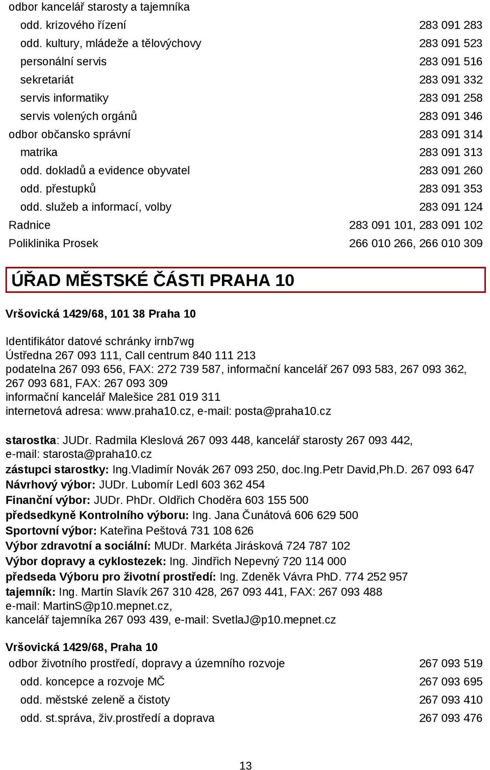 matrika 283 091 313 odd. dokladů a evidence obyvatel 283 091 260 odd. přestupků 283 091 353 odd.