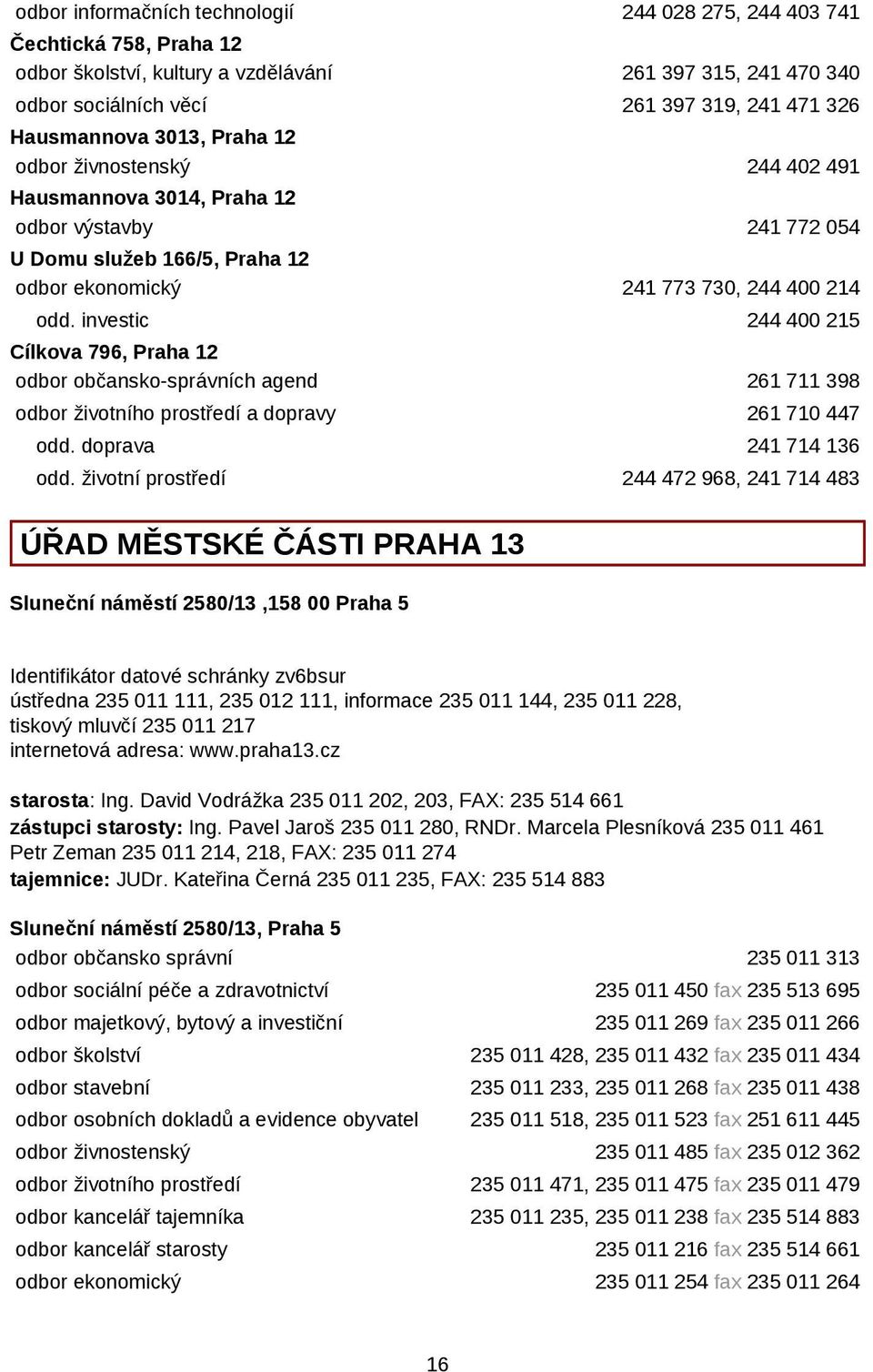 investic 244 400 215 Cílkova 796, Praha 12 odbor občansko-správních agend 261 711 398 odbor životního prostředí a dopravy 261 710 447 odd. doprava 241 714 136 odd.