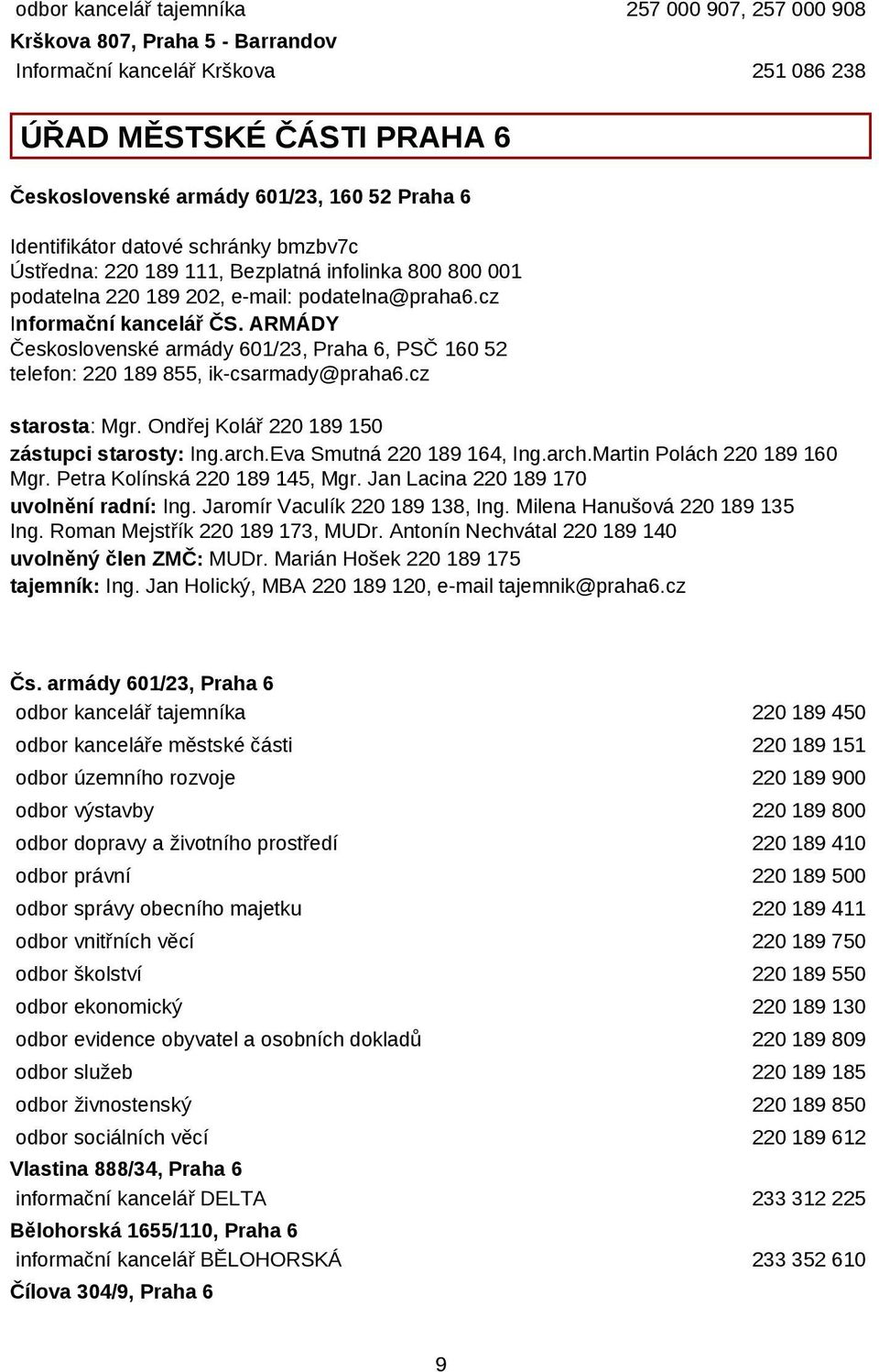 ARMÁDY Československé armády 601/23, Praha 6, PSČ 160 52 telefon: 220 189 855, ik-csarmady@praha6.cz starosta: Mgr. Ondřej Kolář 220 189 150 zástupci starosty: Ing.arch.Eva Smutná 220 189 164, Ing.