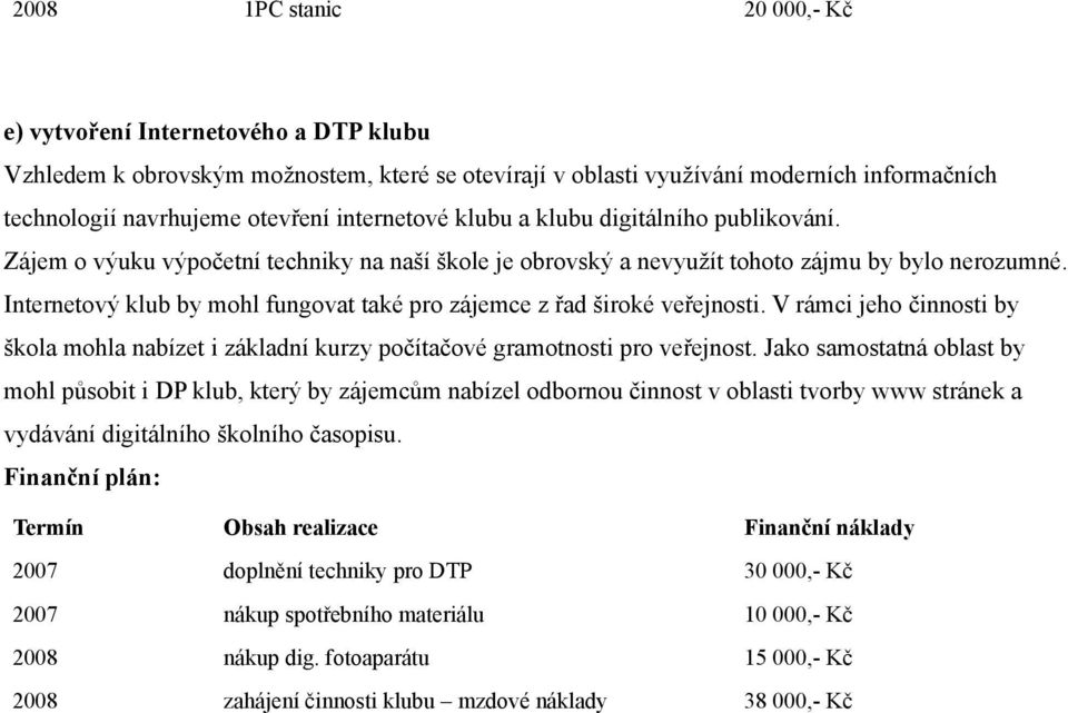 Internetový klub by mohl fungovat také pro zájemce z řad široké veřejnosti. V rámci jeho činnosti by škola mohla nabízet i základní kurzy počítačové gramotnosti pro veřejnost.