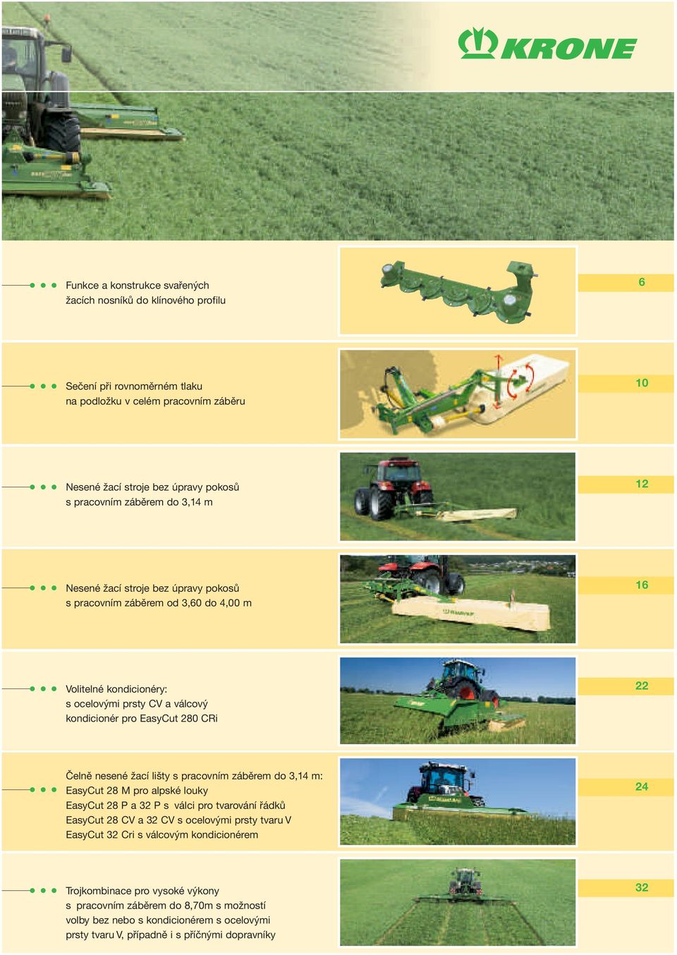 Čelně nesené žací lišty s pracovním záběrem do 3,14 m: EasyCut 28 M pro alpské louky EasyCut 28 P a 32 P s válci pro tvarování řádků EasyCut 28 CV a 32 CV s ocelovými prsty tvaru V EasyCut