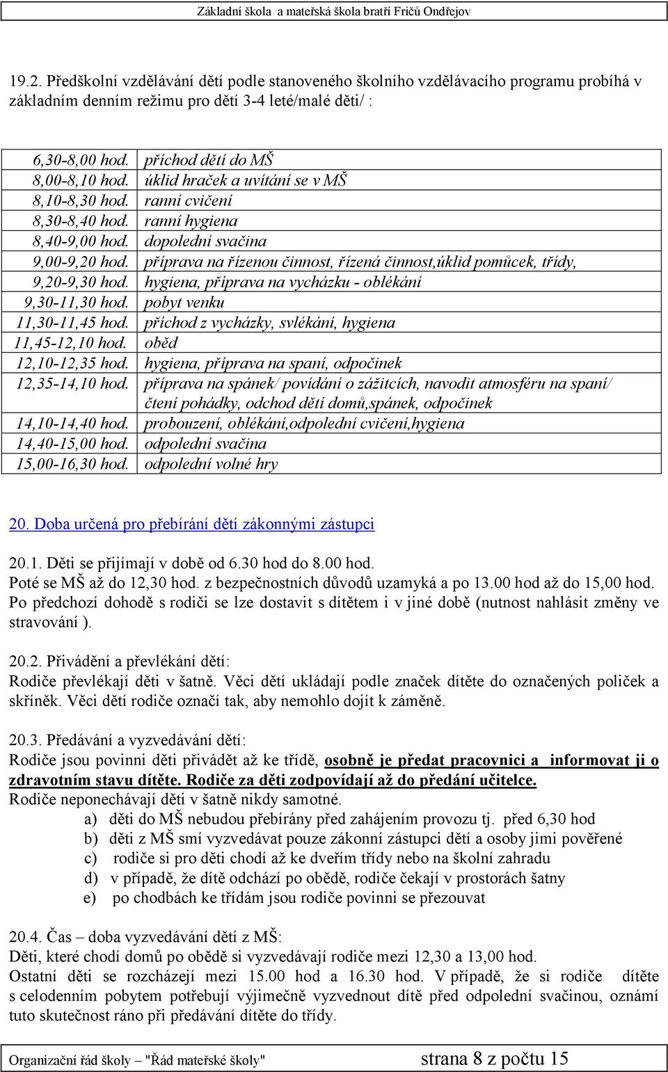 příprava na řízenou činnost, řízená činnost,úklid pomůcek, třídy, 9,20-9,30 hod. hygiena, příprava na vycházku - oblékání 9,30-11,30 hod. pobyt venku 11,30-11,45 hod.