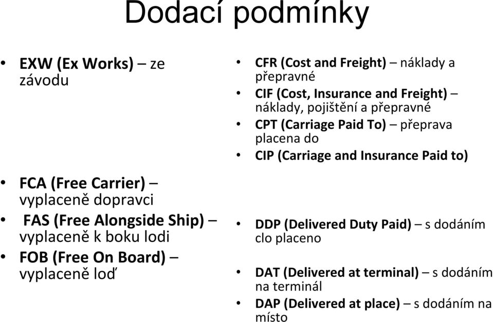 náklady, pojištění a přepravné CPT (Carriage Paid To) přeprava placena do CIP (Carriage and Insurance Paid to) DDP