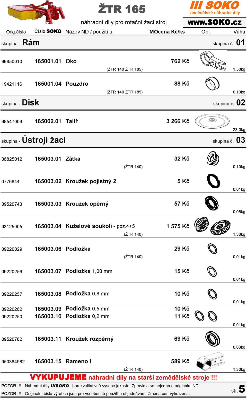 04 Kuželové soukolí - poz.4+5 5 Kč 57 Kč 1 575 Kč 0,05kg 1,30kg 09220029 165003.06 Podložka 09220256 165003.07 Podložka 1,00 mm 09220257 165003.08 Podložka 0,8 mm 09220262 165003.