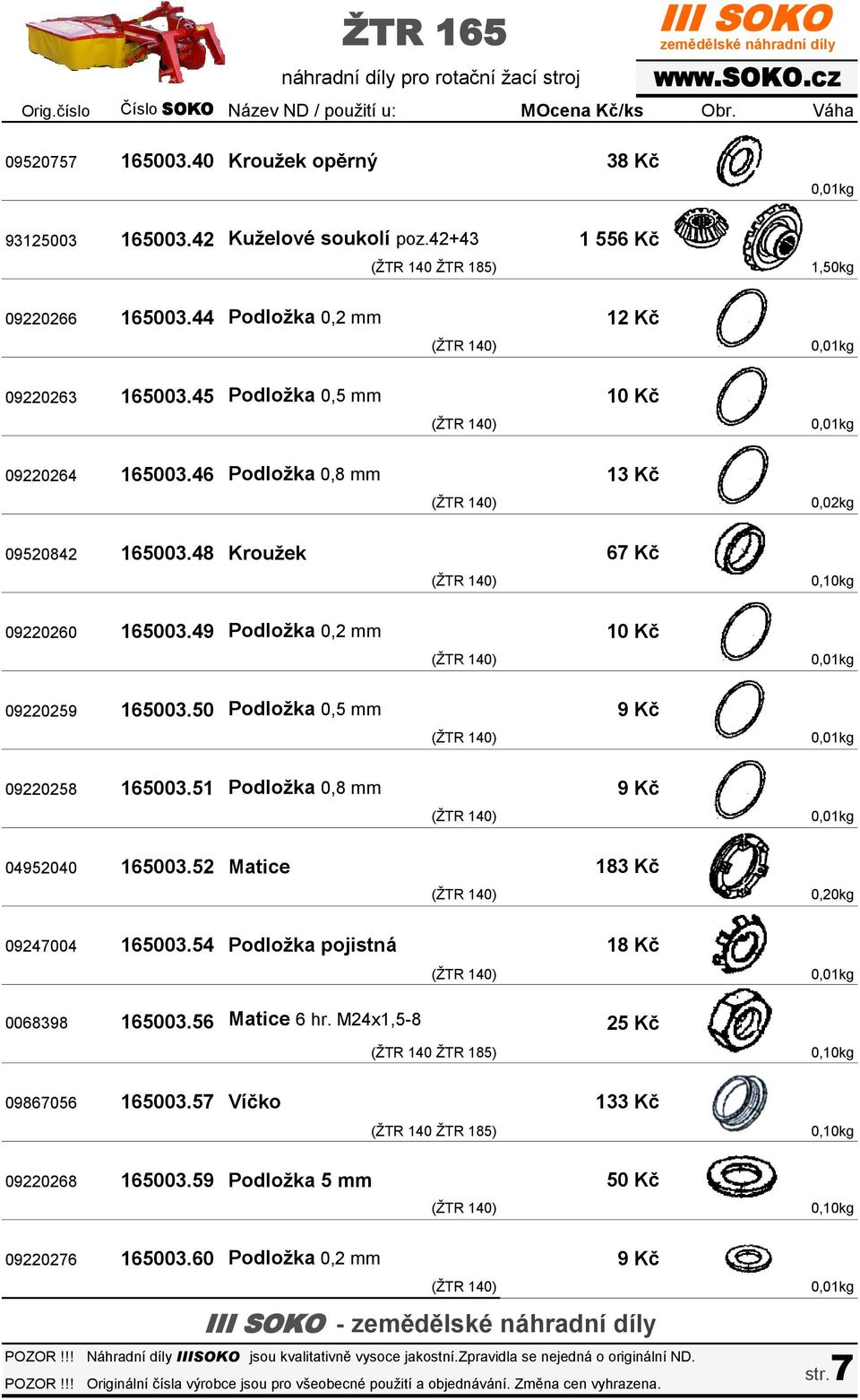 50 Podložka 0,5 mm 09220258 165003.51 Podložka 0,8 mm 04952040 165003.52 Matice 09247004 165003.