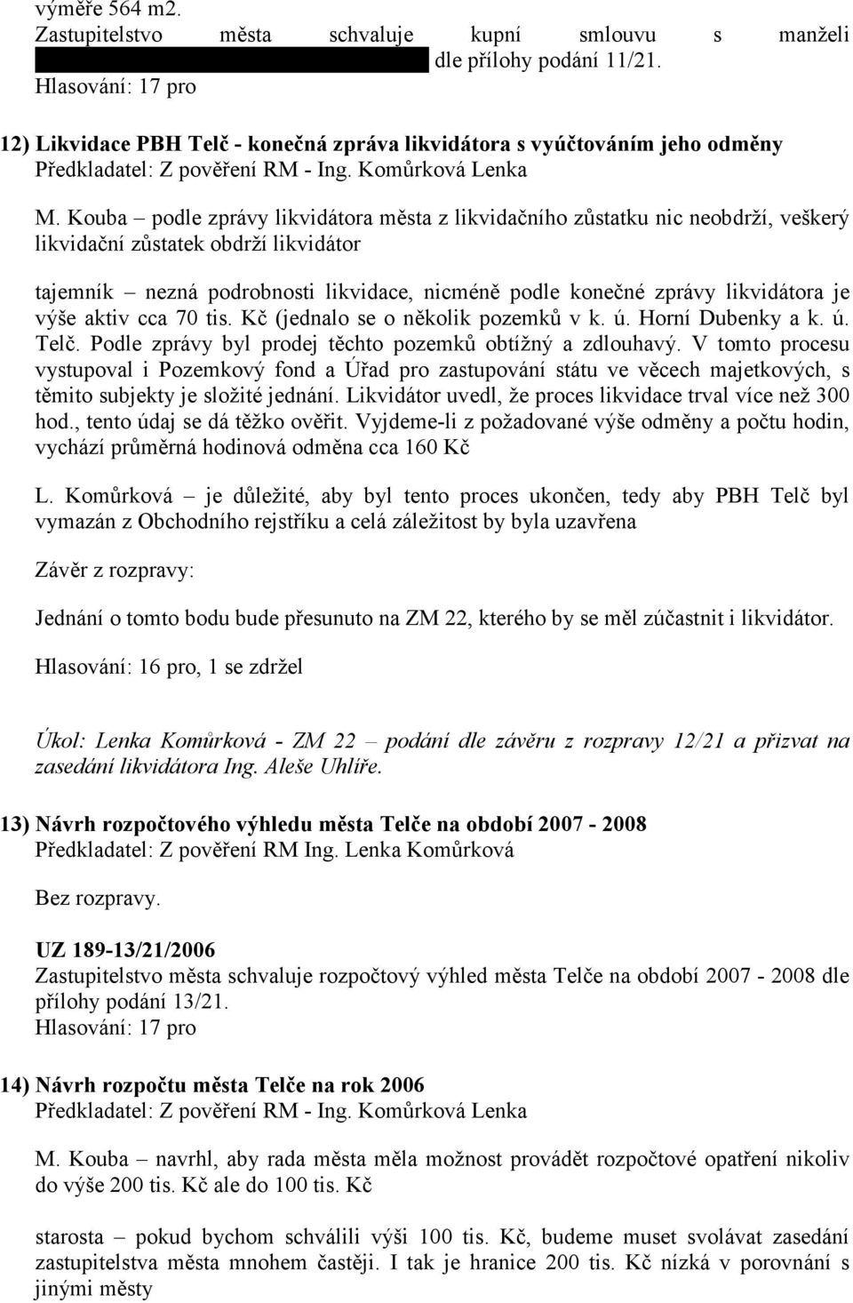 Kouba podle zprávy likvidátora města z likvidačního zůstatku nic neobdrží, veškerý likvidační zůstatek obdrží likvidátor tajemník nezná podrobnosti likvidace, nicméně podle konečné zprávy likvidátora