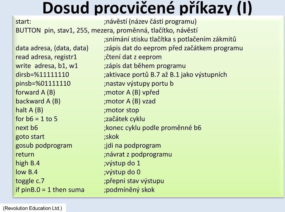 1 jako výstupních pinsb=%01111110 ;nastav výstupy portu b forward A (B) ;motor A (B) vpřed backward A (B) ;motor A (B) vzad halt A (B) ;motor stop for b6 = 1 to 5 ;začátek cyklu next b6 ;konec cyklu