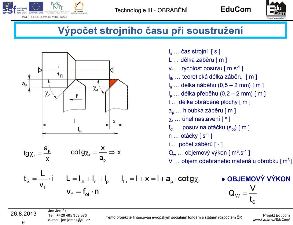 ] a hloubka záběru [ m ] r úhel nastavení [ o ] f ot osuv na otáčku (s ot ) [ m ] n otáčky [ s -1 ] i očet záběrů [ - ] Q w objemový