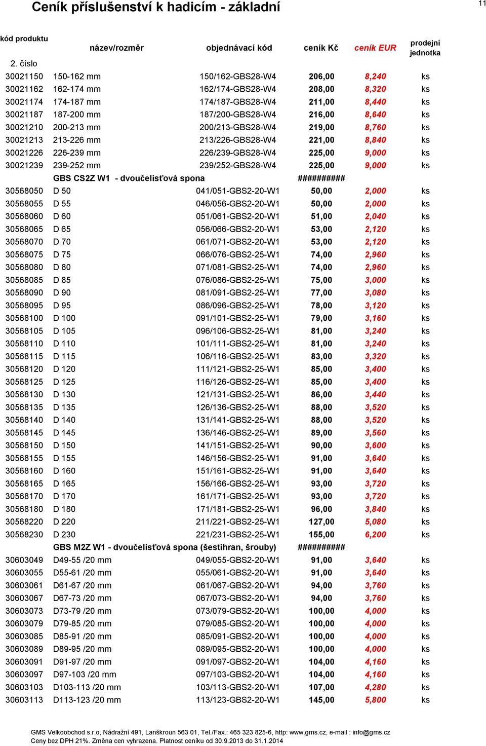 239/252-GBS28-W4 225,00 9,000 ks GBS CS2Z W1 - dvoučelisťová spona ########## 30568050 D 50 041/051-GBS2-20-W1 50,00 2,000 ks 30568055 D 55 046/056-GBS2-20-W1 50,00 2,000 ks 30568060 D 60
