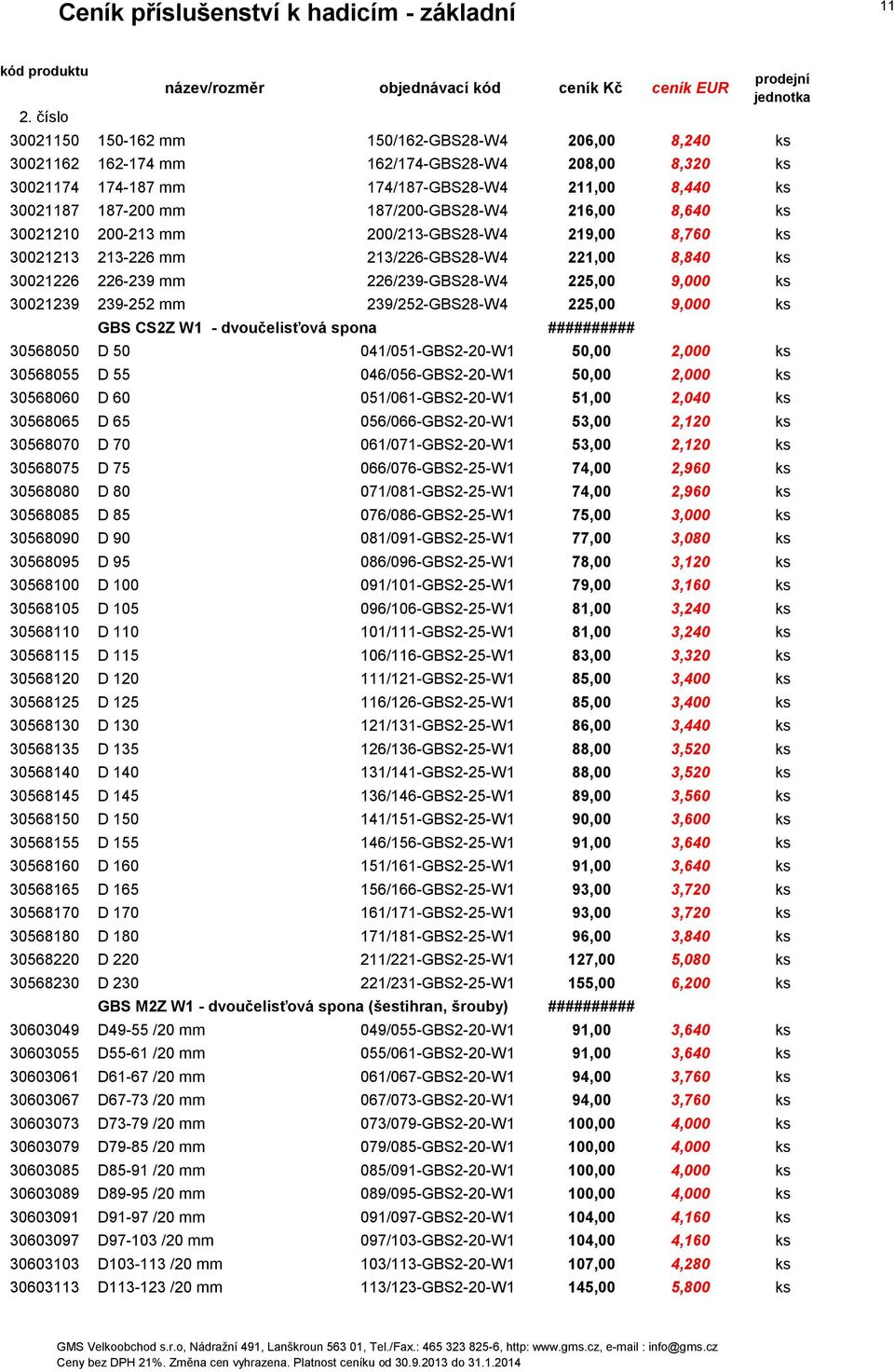 239/252-GBS28-W4 225,00 9,000 ks GBS CS2Z W1 - dvoučelisťová spona ########## 30568050 D 50 041/051-GBS2-20-W1 50,00 2,000 ks 30568055 D 55 046/056-GBS2-20-W1 50,00 2,000 ks 30568060 D 60