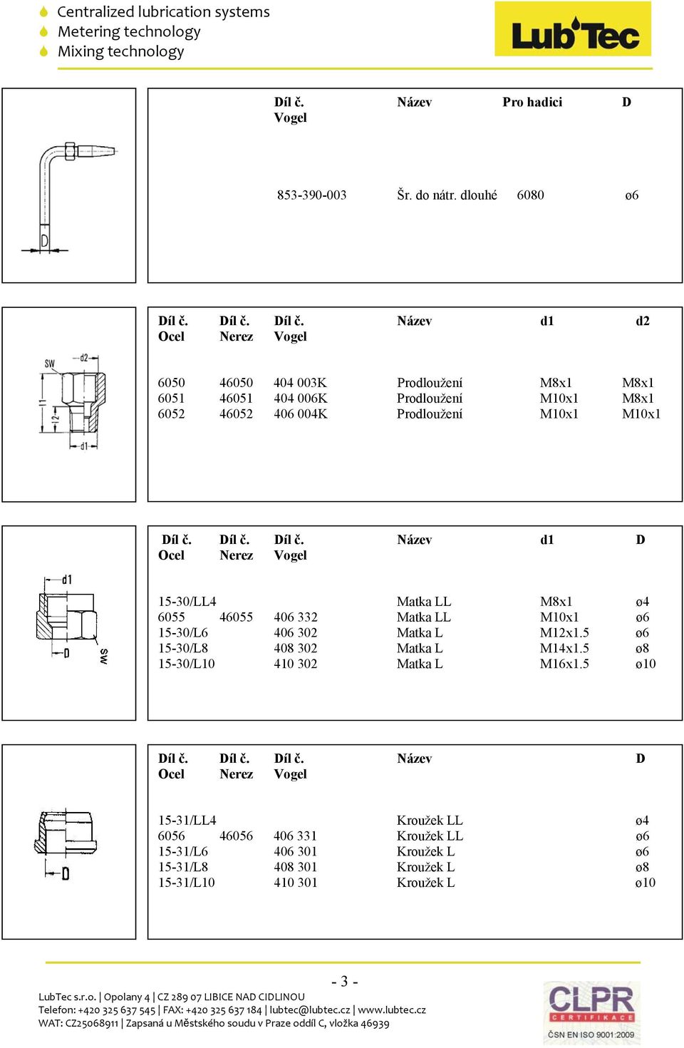 Název d1 d2 6050 46050 404 003K Prodloužení M8x1 M8x1 6051 46051 404 006K Prodloužení M10x1 M8x1 6052 46052 406 004K Prodloužení M10x1 M10x1  Díl č.