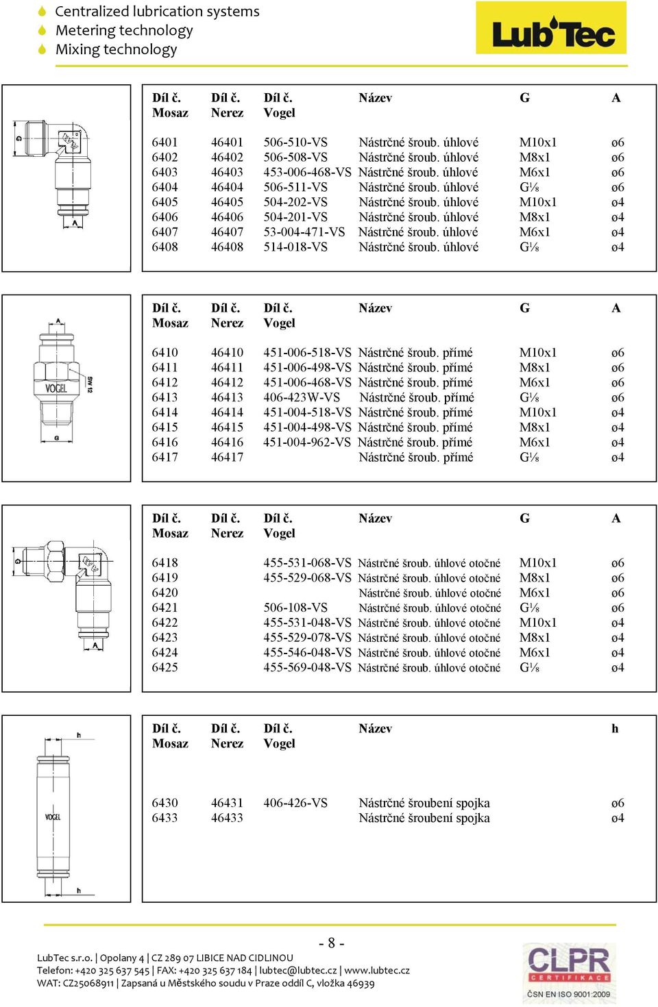 úhlové M8x1 ø4 6407 46407 53-004-471-VS Nástrčné šroub. úhlové M6x1 ø4 6408 46408 514-018-VS Nástrčné šroub. úhlové G⅛ ø4 Díl č. Díl č. Díl č. Název G A Mosaz Nerez 6410 46410 451-006-518-VS Nástrčné šroub.