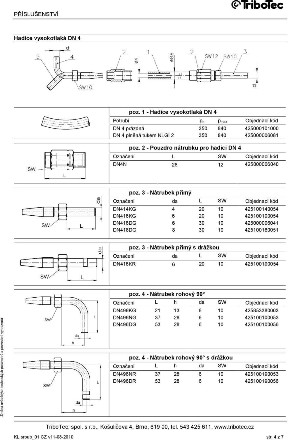 3 - Nátrubek přímý Označení da L SW Objednací kód DN414KG 4 20 10 425100140054 DN416KG 6 20 10 425100100054 DN416DG 6 30 10 425000006041 DN418DG 8 30 10 425100180051 poz.