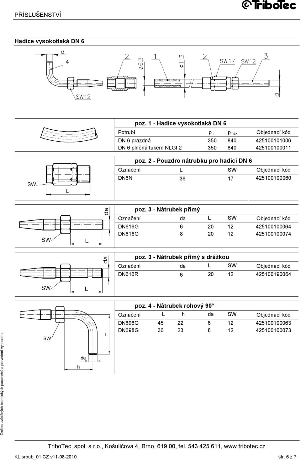 2 - Pouzdro nátrubku pro hadici DN 6 Označení L SW Objednací kód DN6N 36 17 425100100060 poz.