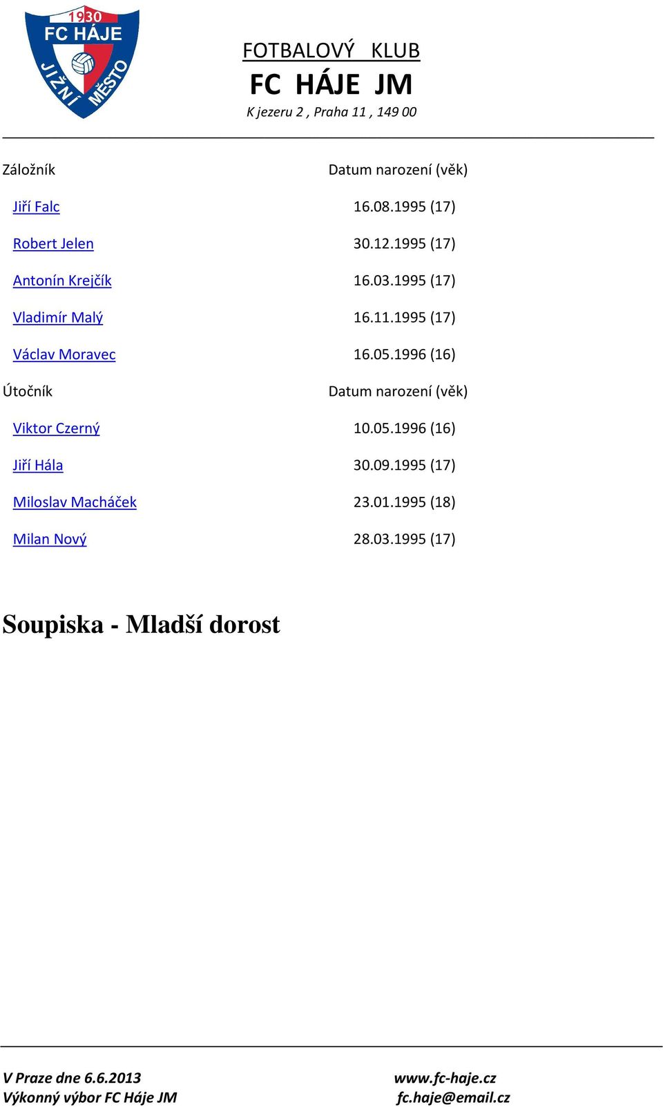 1995 (17) Václav Moravec 16.05.1996 (16) Útočník Viktor Czerný 10.05.1996 (16) Jiří Hála 30.