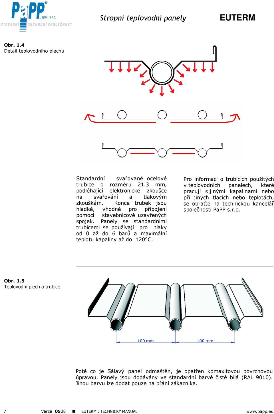 Panely se standardními trubicemi se používají pro tlaky od 0 až do 6 barů a maximální teplotu kapaliny až do 120 C.